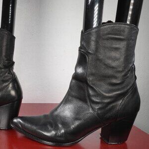 Women's Zara Black Leather Pointed Ankle High Chunky Heel Fashion Boots 9.5